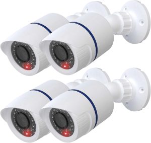 WALI Câmera domo de segurança CCTV simulada falsa falsa para uso interno e externo com uma luz LED, adesivo de alerta de segurança de aviso (TC-W4), 4 pacotes, branco