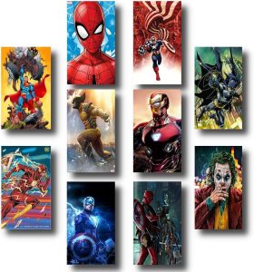Kit de 10 Placas Decorativas, Quadros Super-Heróis Tema Vingadores e Liga da Justiça