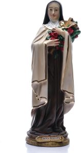 Imagem de Santa Terezinha, 30 cm, Estátua Religiosa Pintada à Mão com Rosário e Flores