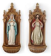 BC Escultura Católica Imaculado Coração de Maria e Sagrado Coração de Jesus, 23 cm H Fonte de Água Benta Wa...