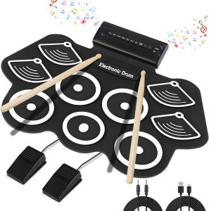 Almofada de Prática de 9 Tambores, Conjunto de Almofadas de Bateria Eletrônica Com Pedais e Baquetas, Bateria Eletrônica Portátil, Conjunto de Bateria Elétrica