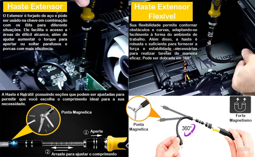Haste Extensor Magnetica e Haste Flexivel, ponta magnetica, chave imantada, Universal Bits Soquetes