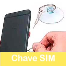 Chave para slot de cartão SIM, chavinha SIM e cartão de memoria
