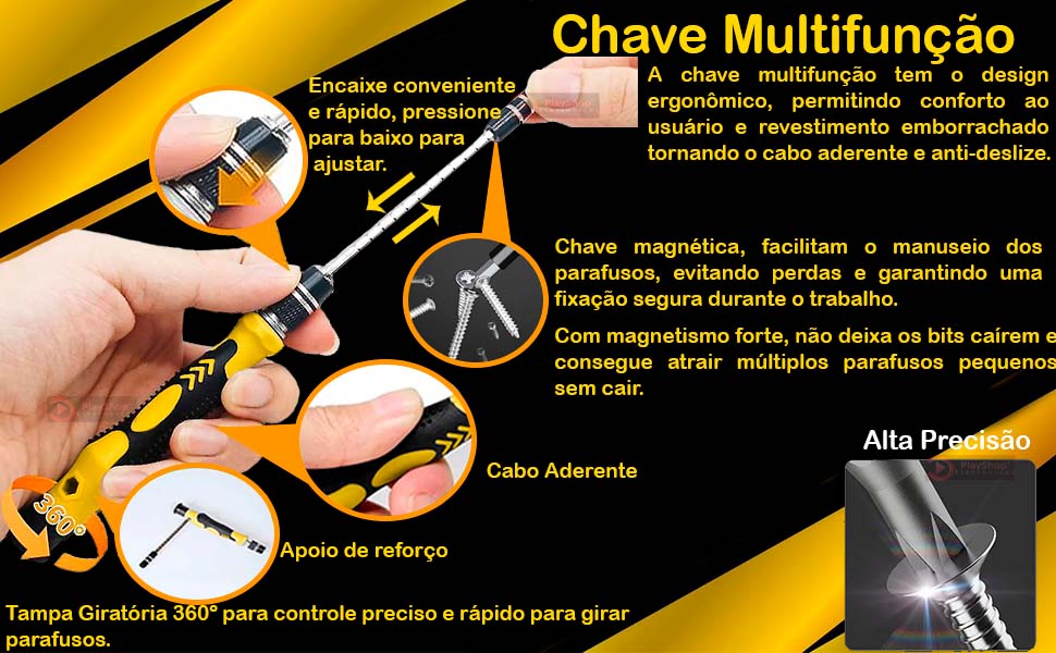 Chave Multinfunção de Precisão Emborrachada  Imã, Fenda, Pillips, Torx com furo, Allen, pentalobe