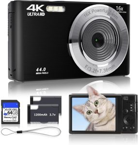 Câmera digital preta 2025 atualização 4K 44MP câmeras digitais para adolescentes, câmera digital apontar e fotografar para crianças com zoom 16X, cartão SD de 64 GB, câmera pequena compacta para