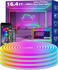 Luzes de corda neon de 16,4 m, controle de luzes de corda de LED flexível com aplicativo/remoto, luzes de corda de vários modos, luz de néon LED RGB IP65 à prova d'água, faixa de luz neon LED para
