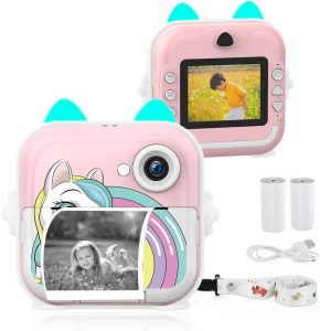 Câmera Fotográfica Infantil, Câmera Digital Infantil que Imprime, 20MP 1080P HD Câmera de Vídeo, 200 dpi, Zoom de 6X, Time Lapse, MP3, Jogos, Portátil e Recarregável, com Papel de Impressão (Rosa)
