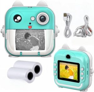 Câmera Digital Infantil 24MP – Tela de 2.4, 200 dpi, 1080P, Impressão Instantânea e Conexão com Celular, 2 Papeis de Impressão Incluso (Azul)