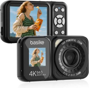 Câmera Fotográfica Digital 4K UHD 64MP, Zoom 18X, Efeitos Criativos e Auto Foco, para Jovens Fotógrafos, Viagens e Uso Diário, Compacta, Durável e Fácil de Usar – Preto