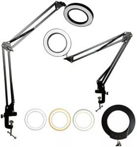 Ring Light Luminária Led De Mesa Com Lupa Articulada De Chão C/Garra