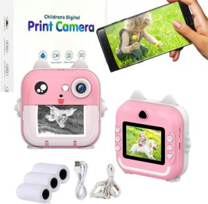 Câmera Instantânea Impressora Infantil Filmadora Full Hd Divertida Jogo (Rosa)