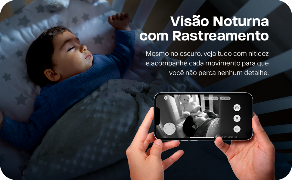 bebê dormindo ao lado celular mostrando a visão noturna com rastreamento