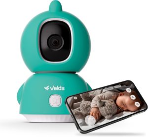 Babá Eletrônica Wi-Fi Velds, Baby Monitor, 2K, Áudio Bidirecional, Visão Noturna, Sensor de Temperatura e Umidade, Detecção de Choro, Rastreamento Automático, Armazenamento de até 256GB, Branco