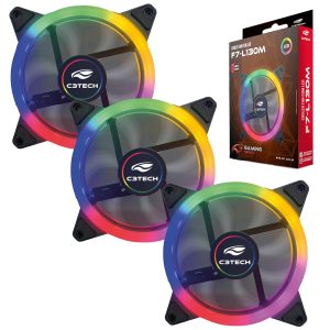 Kit 3 Fan Cooler Para Gabinete Pc Gamer RGB Anel de LEd Duplo Dual Ring Multicores Fixo 12cm Ventoinha 120mm Molex F7-L130M C3Tech
