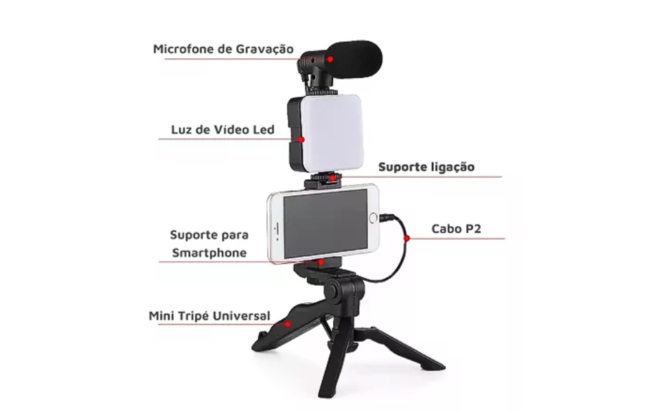 Tripé Gravação; Tripe de Celular; Kit de Iluminação Vídeo; Kit Gravação Luz de LED com Tripé Suporte