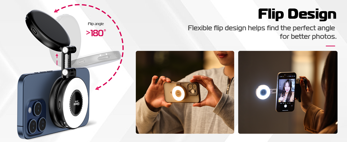 Design reversível O design simples com aba de puxar pode ser rapidamente transformado em uma fotografia de luz de selfie
