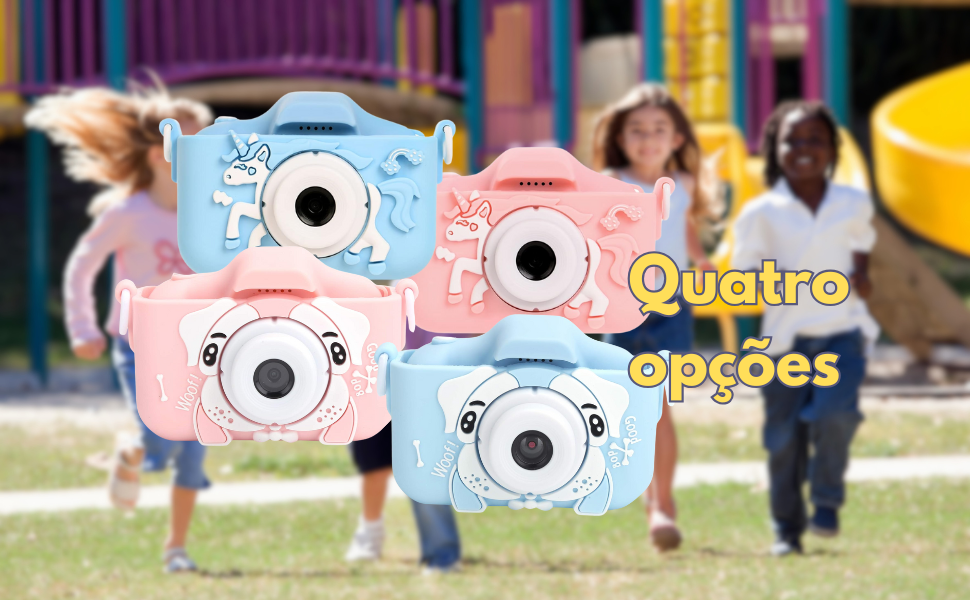 câmera fotografia infantil brinquedo digital criança rosa azul unicórnio cachorro jogos