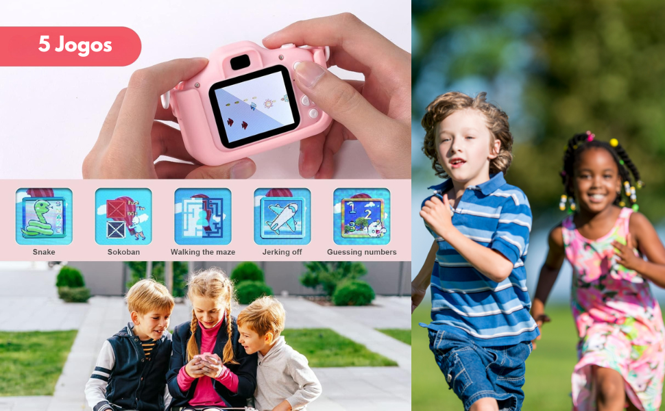 câmera fotografia infantil brinquedo digital criança rosa azul unicórnio cachorro jogos