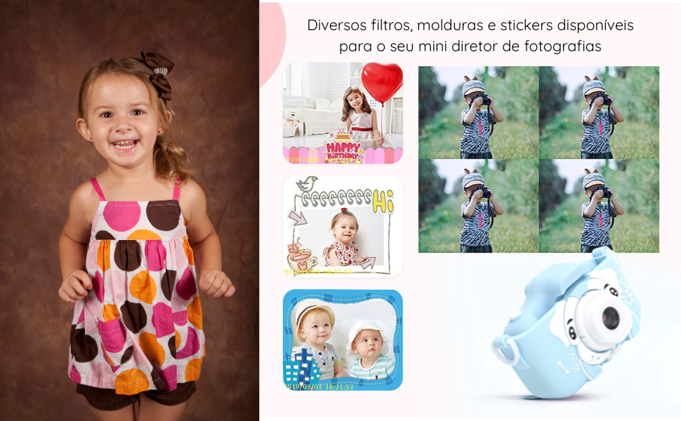câmera fotografia infantil brinquedo digital criança rosa azul unicórnio cachorro jogos