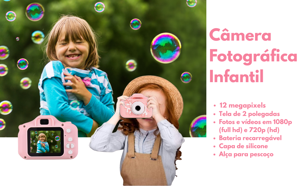 câmera fotografia infantil brinquedo digital criança rosa azul unicórnio cachorro jogos