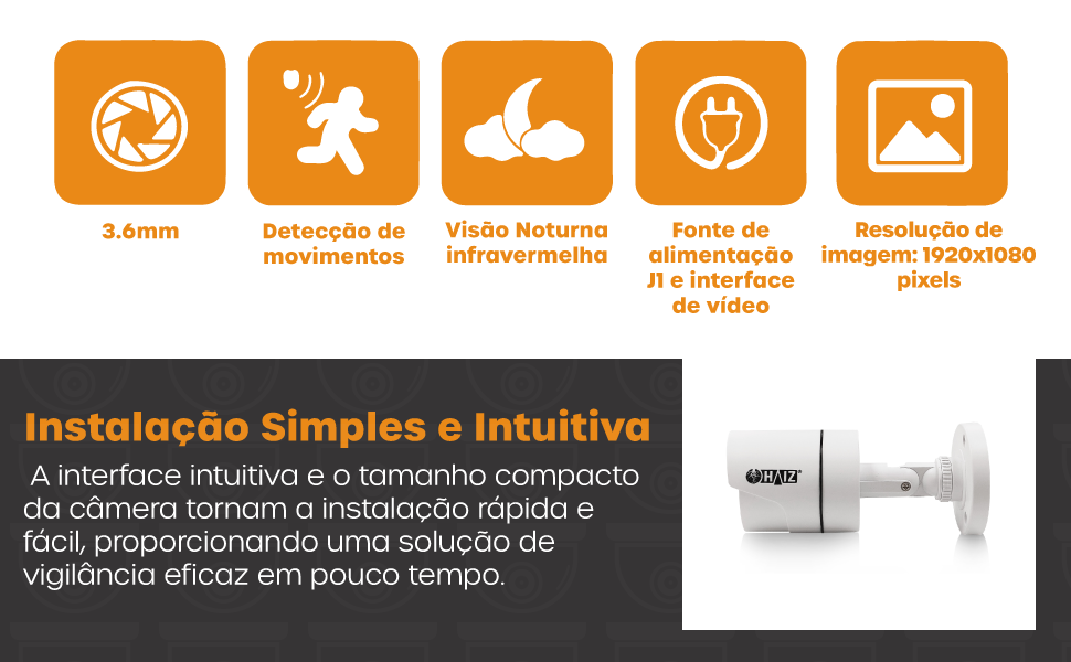 Câmera Bullet Haiz Analógica Full HD 3.6mm Infra com Sensor 1/45"CMOS 