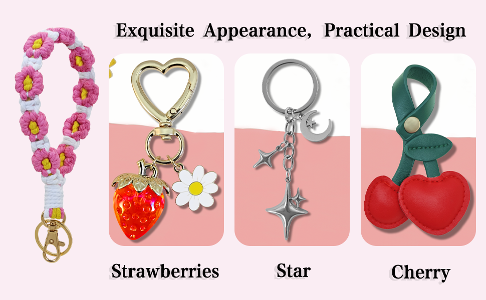 Chaveiro de pulso rosa macramê flor azul boho